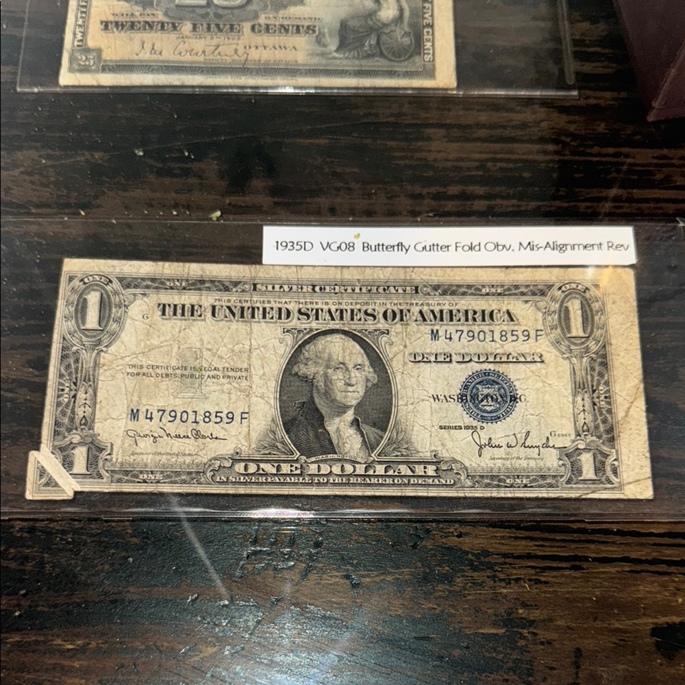 1935D Silver Certificate One Dollar Bill - Butterfly Gutter Fold Error